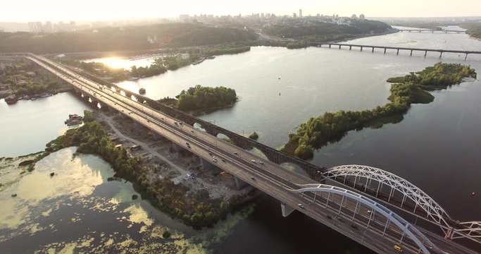 Flying Sunset And Bridge On River