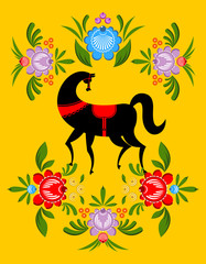 Gorodets painting Black horse and floral elements. Russian natio