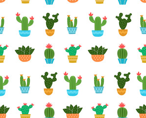 Cactus flat design illustration seamless vector pattern. Isolated on white background