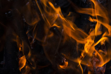 Fire flames on a black background. Blaze fire flame texture back