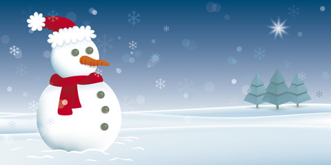 Christmas card with snowman. Vector illustration of a snowman in a snowy landscape.