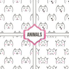 Cute doodle animals set, collection of seamless pattern backgrounds with cats, dogs, pigs, cows.