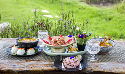 Thai food set menu on outdoor table