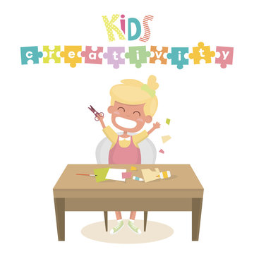 Kids Art-working Process. Kids Creativity Vector Illustration. Girl Keeps Scissors In Hands. Backgrund For Kids Art Lessons Or School.