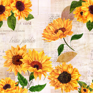 Seamless pattern with watercolor sunflowers on old ephemera