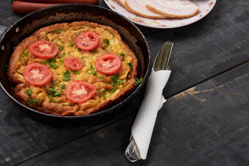 scrambled eggs on a wooden table