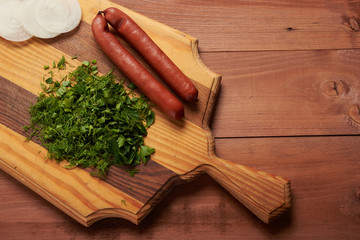 scrambled eggs on a wooden table