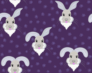 Funny childish vector seamless pattern with smiling bunny faces and handwritten flowers
