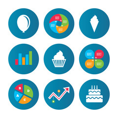 Fototapeta premium Birthday party icons. Cake with ice cream symbol.
