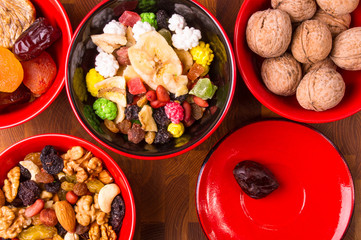 different mixed nuts and raisins