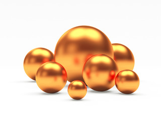 Group of bronze or copper shining spheres of different diameters. 3D illustration 