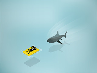 isometric illustration of Shark Attack business man laying on yellow float from the ocean water. Business shark risk and hidden power concept.