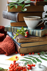 stack of old books, cup of tea and rowan berries. 