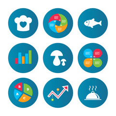 Chief hat, cooking pan icons. Fish and mushrooms.