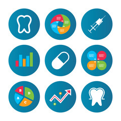 Tooth enamel icons. Medical syringe and pill.