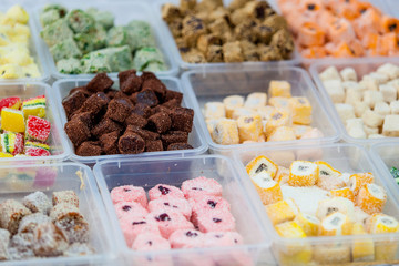 Assorted candy in a market. colorful candies and jellies