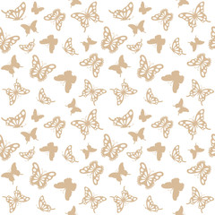 Fototapeta premium Luxury seamless pattern background with golden filigree butterflies isolated on white. For wedding invitation, birthday card, wrapping paper.