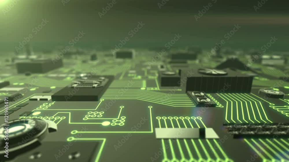 Poster seamless looping 3d animation of a illuminated futuristic circuit board moving towards camera