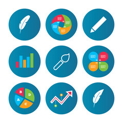 Feather retro pen signs. Brush and pencil icons.