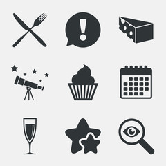 Food icons. Muffin cupcake symbol. Fork, knife.