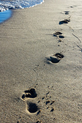 Fototapeta na wymiar Footprints in the sand walking on the beach, useful as background