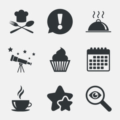 Food icons. Muffin cupcake symbol. Fork, spoon.