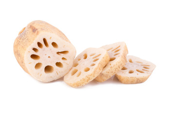 fresh lotus root with slices isolated on white background