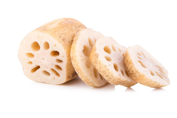 fresh lotus root with slices isolated on white background