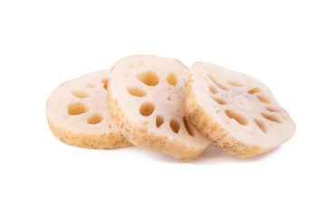 fresh lotus root with slices isolated on white background