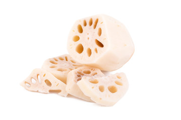 fresh lotus root with slices isolated on white background