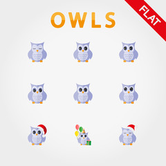 Cute vector collection of owls with different eye expressions.
