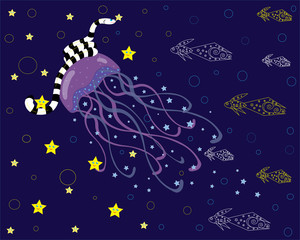 Fototapeta na wymiar Sea beings, jellyfish, sea serpent, fishes