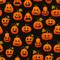 Halloween seamless pattern with pumpkins scary faces.