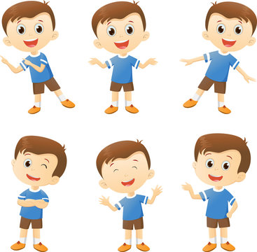 illustration of cute boy cartoon character in many action