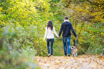 Young couple with dog on a walk in autumn forest