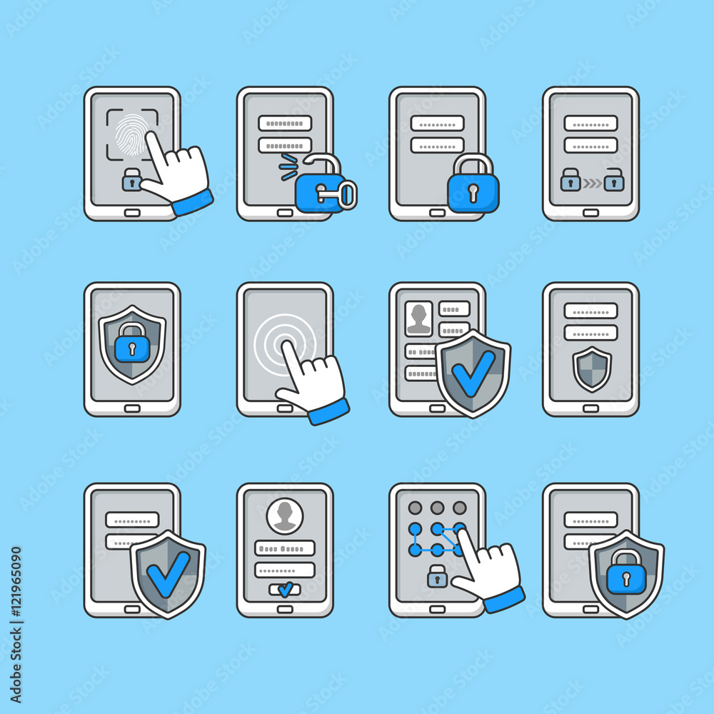 Poster smartphone security concept. vector icons set of mobile security. password key and lock on smartphon