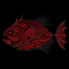 Drawing vector piranhas with bloody red marks on a black background