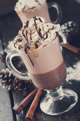 Cup of hot cocoa or coffee for Christmas . Toned photo