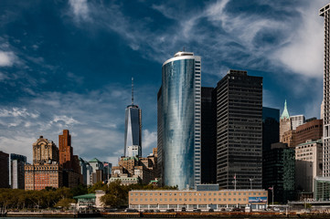 One World Trade Center building from the Hudson River in New York City.
