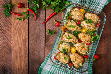 Stuffed peppers minced chicken with pepper chilli with tomat. Top view