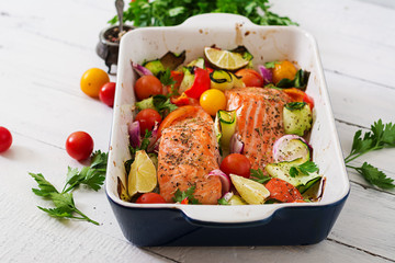 Baked salmon fillet with vegetables.