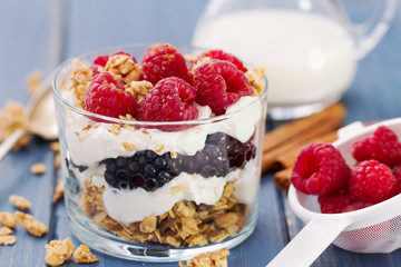 granola with cheese and berries in cup