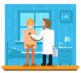 calling doctor home medical services ill patient flat design vector illustration