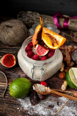 Well being and weight loss concept, berry smoothie and cereal