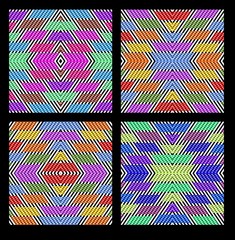 Kaleidoscopic tileable patterns. Multicolored patterns. Strip patterns. Colored strips on black and white striped background. Mosaic abstract patterns. Set of strip patterns.