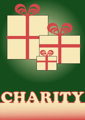 Christmas charity flyer with simple boxes, red ribbons and charity inscription. Vector drawing template on green background.