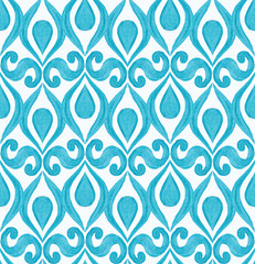 Watercolor damask seamless pattern. Elegant blue luxury texture for wallpapers, backgrounds and page fill.
