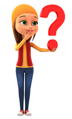Cheerful girl with a question mark. 3d rendering illustration.