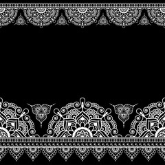 Border pattern elements with lace lines in Indian mehndi style for floral cards or tattoo isolated on black background.