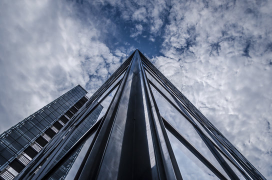 Underside Panoramic And Perspective View To Steel Blue Glass High Rise Building Skyscrapers, Industrial Architecture